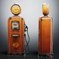 Vintage Public Facility Two Orange Gas Pumps With Old Signs And Hoses