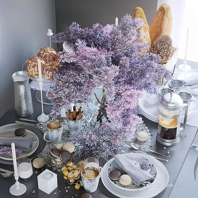 Elegant Tableware Set With Lavender Bouquet Coffee Pots Cups Plates And Macarons 3d model 