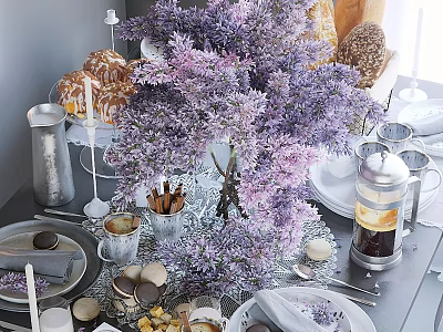 Elegant Tableware Set With Lavender Bouquet Coffee Pots Cups Plates And Macarons 3d model