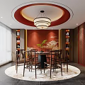 Private Dining Room with Red Walls Chinese Chandelier and Wooden Table Chairs