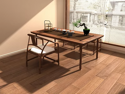 Cozy Leisure Area With Wooden Table Chair White Cushion Tea Set And Sunlight 3d model
