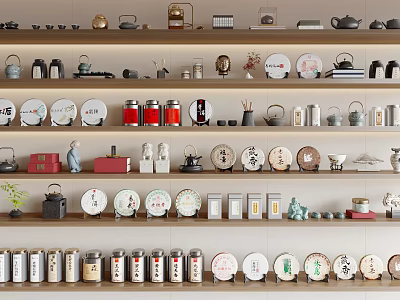 Stylish Household Items Display With Teapots Plates Jars And Decorative Pieces 3d model