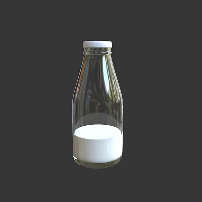 Fresh Milk In Transparent Glass Bottle With White Cap And Half Full 3d model