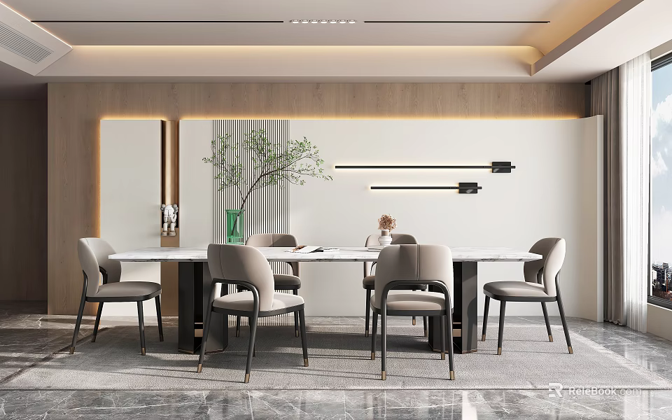Modern Restaurant Interior With Long Dining Table Chairs Green Plant And Light Wall Decorative Lines 3d model 