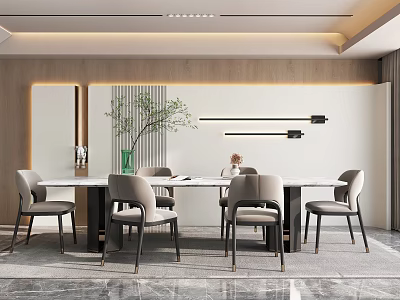 Modern Restaurant Interior With Long Dining Table Chairs Green Plant And Light Wall Decorative Lines 3d model