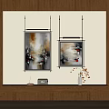 Abstract Paintings Featuring Orange Yellow Black White Red Accents On Interior Wall With Wooden Shelf