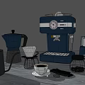 Modern Kitchen Appliances Set With Blue Espresso Machine Black Moka Pot Kettle And Grinder