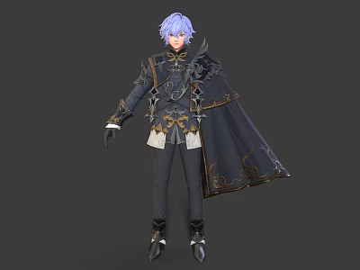Fantasy Game Character 3D Model With Blue Purple Hair Black Gold Decorated Cape And Boots 3d model