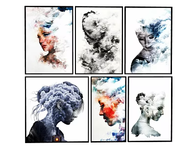 Abstract Portrait Paintings With Smoke Clouds And Colorful Abstract Elements 3d model