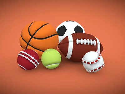 Different Types of Sports Equipment Including Basketball Soccer Football Cricket Tennis and Baseball 3d model