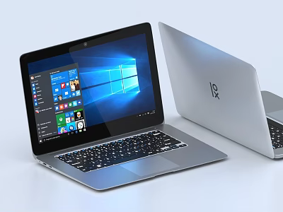 Silver Laptop Open Screen Displaying Windows Interface And Closed Laptop With Logo 3d model