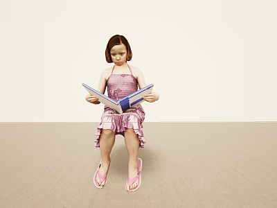 Little Girl In Pink Dress And Sandals Sitting On Floor Reading Open Book 3d model