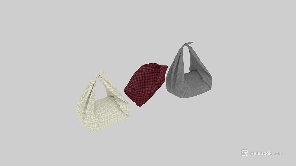 Three Colorful Fabric Storage Bags With Checkered Patterns For Home Organization 3d model 