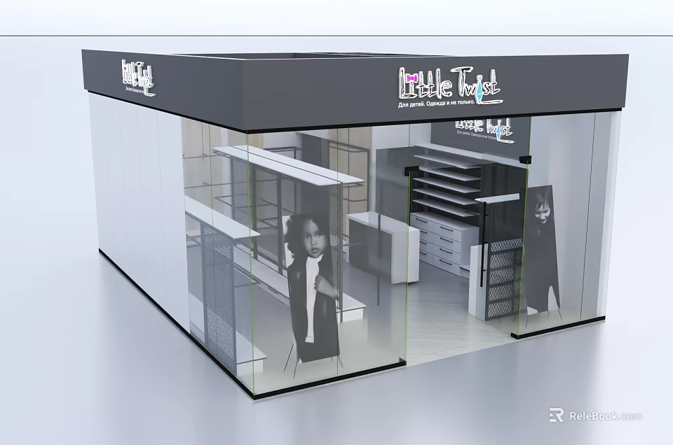 Little Tot Baby Furniture Mall Store with Glass Front Display Shelves and Infant Furniture Exhibits 3d model 