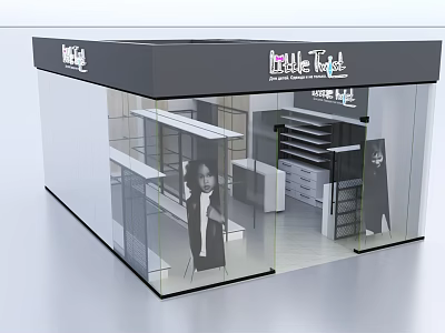 Little Tot Baby Furniture Mall Store with Glass Front Display Shelves and Infant Furniture Exhibits 3d model
