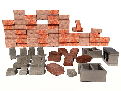 Red Gray Stone Bricks And Wood Timber Concrete Blocks Building Materials 3d model