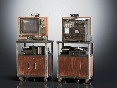 Two Vintage Televisions on Wooden Metal Cabinets with Wheels and Top Devices 3d model