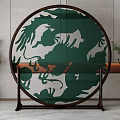 Round Wooden Frame Screen With Green White Dragon Pattern In Modern Interior 3d model