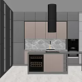 Modern Gray Kitchen Cabinets With Vertical Stripes Backsplash Marble Countertop And Integrated Appliances 3d model