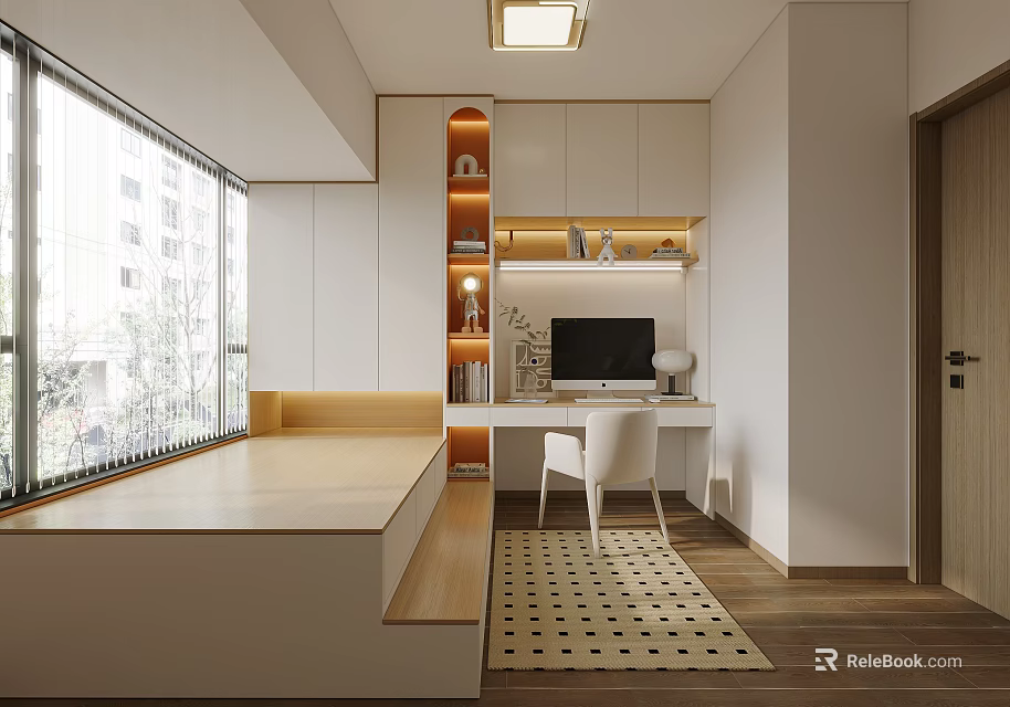 Minimalist Tatami Bedroom Interior Design With Large Window Desk Chair And Wooden Floor 3d model 