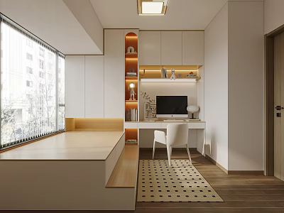 Minimalist Tatami Bedroom Interior Design With Large Window Desk Chair And Wooden Floor 3d model