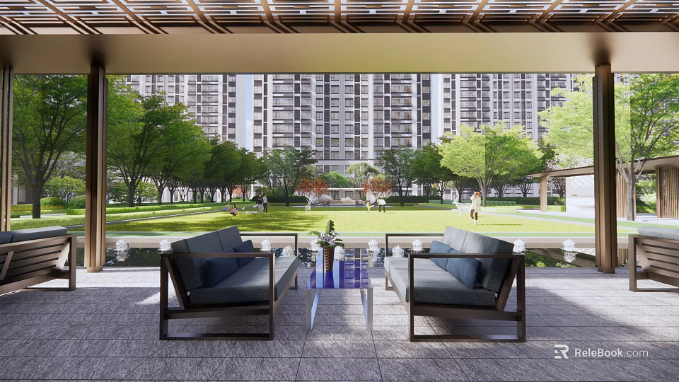 Pergola Outdoor Space With Comfortable Sofa Glass Coffee Table Lawn Trees High Rise Buildings 3d model 