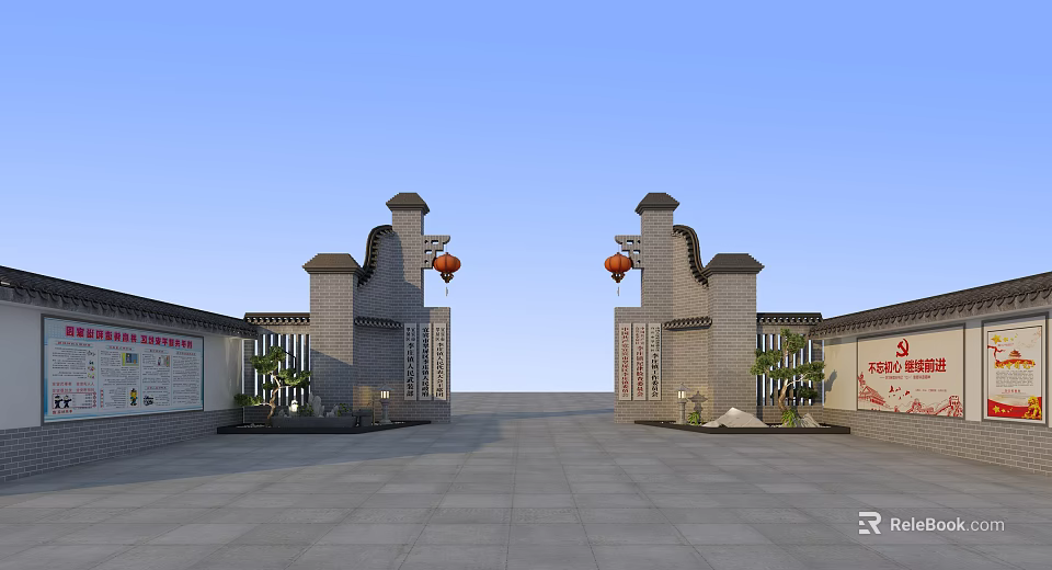 Traditional Chinese Symmetrical Entrance Gate With Red Lanterns Brick Walls And Plants 3d model 