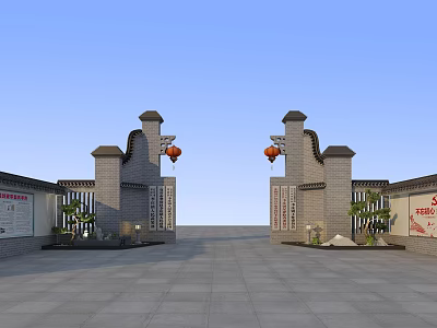 Traditional Chinese Symmetrical Entrance Gate With Red Lanterns Brick Walls And Plants 3d model