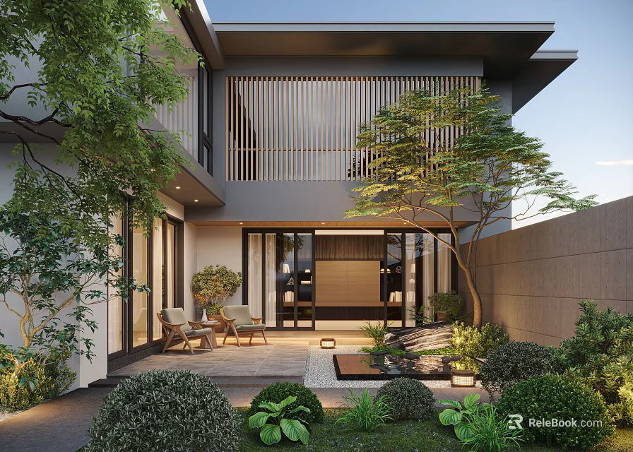 Modern Courtyard Garden With Slate Patio Lush Greenery Outdoor Chairs And Water Feature 3d model 
