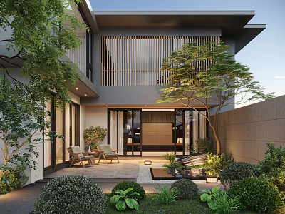 Modern Courtyard Garden With Slate Patio Lush Greenery Outdoor Chairs And Water Feature 3d model