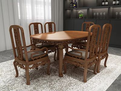 Traditional Wooden Dining Table Set With Six Intricate Carved Chairs And Upholstered Seats 3d model