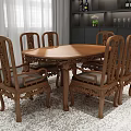 Traditional Wooden Dining Table Set With Six Intricate Carved Chairs And Upholstered Seats