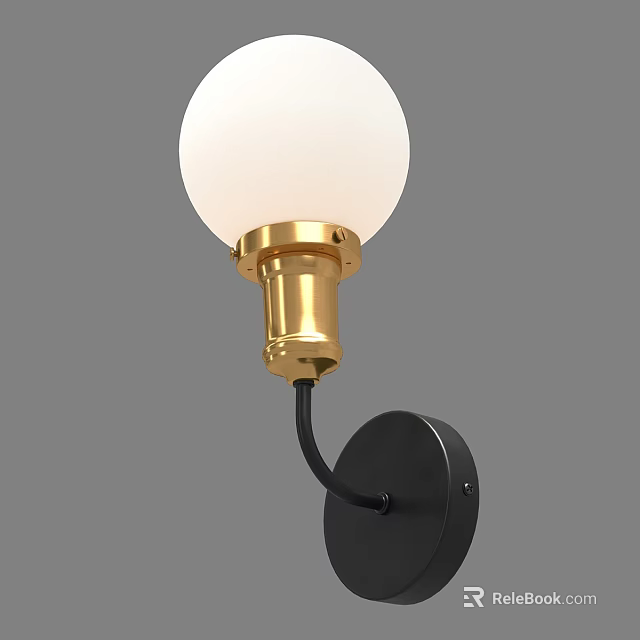Modern Wall Lamp With White Spherical Lampshade Golden Base And Black Curved Rod 3d model 