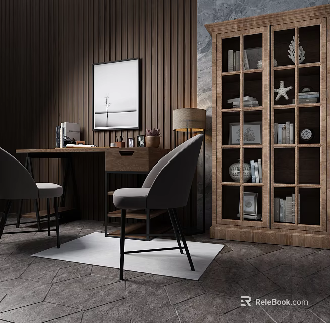 Modern Bookcase With Books Picture Frames Starfish And Decorations Against Wooden Wall Near Desk Chairs 3d model 