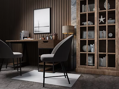 Modern Bookcase With Books Picture Frames Starfish And Decorations Against Wooden Wall Near Desk Chairs 3d model