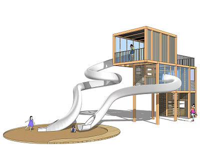 Wooden Playground Equipment With Spiral Slide For Children Outdoor Play Area 3d model