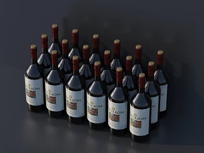 Red Wine Bottles And Wine Glasses With Cellar Labels Neatly Arranged On Dark Background 3d model