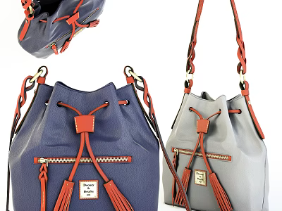 Stylish Blue And Gray Bucket Bags With Orange Tassels Zippers And Labels 3d model