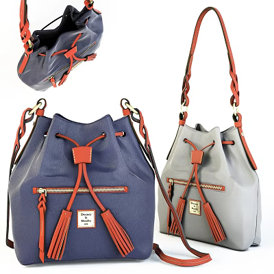 Stylish Blue And Gray Bucket Bags With Orange Tassels Zippers And Labels 3d model