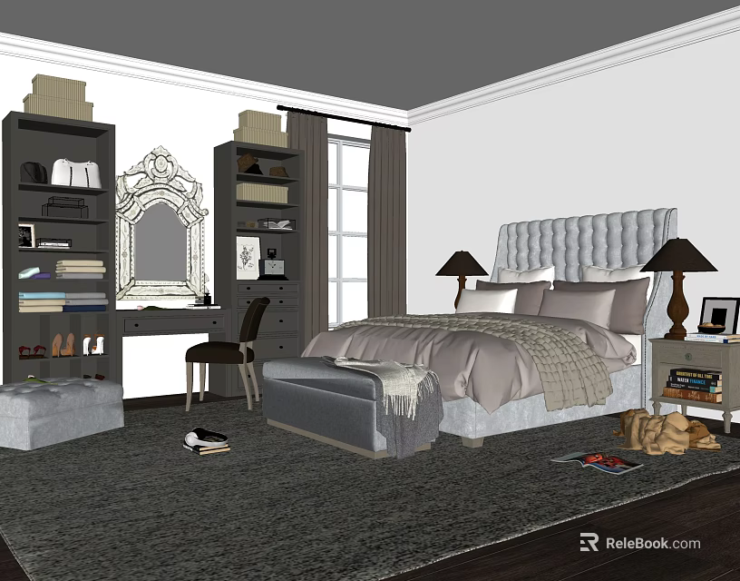 Elegant Double Bed with Gray Tufted Headboard Nightstand Lamps Dressing Table and Mirror 3d model 
