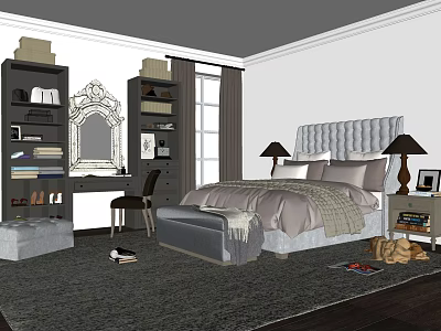 Elegant Double Bed with Gray Tufted Headboard Nightstand Lamps Dressing Table and Mirror 3d model