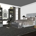Elegant Double Bed with Gray Tufted Headboard Nightstand Lamps Dressing Table and Mirror