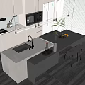 Modern Kitchen Interior Design With Quartz Island Counter Cabinets Appliances And Dining Chairs