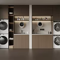 Modern Laundry Room With Stacked Washing Machines Dryers And Storage Cabinets