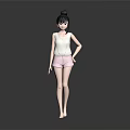 Game Female Character 3D Model With Black Bun Hair White Tank Top Pink Shorts And Barefoot