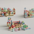 Colorful Building Blocks With Various Shapes And Kids Play Structures Like Houses Castles Windmills