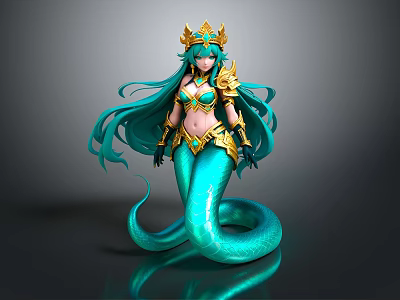 Mythical Mermaid Character With Teal Long Hair Golden Crown And Turquoise Tail 3d model