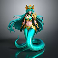 Mythical Mermaid Character With Teal Long Hair Golden Crown And Turquoise Tail