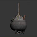 Traditional Household Items Rope Bound Stone Mortar And Black Cauldron With Green Liquid