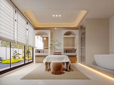 Elegant Spa Sauna Room With Massage Table Wooden Stool Large Arched Windows Green Plants 3d model